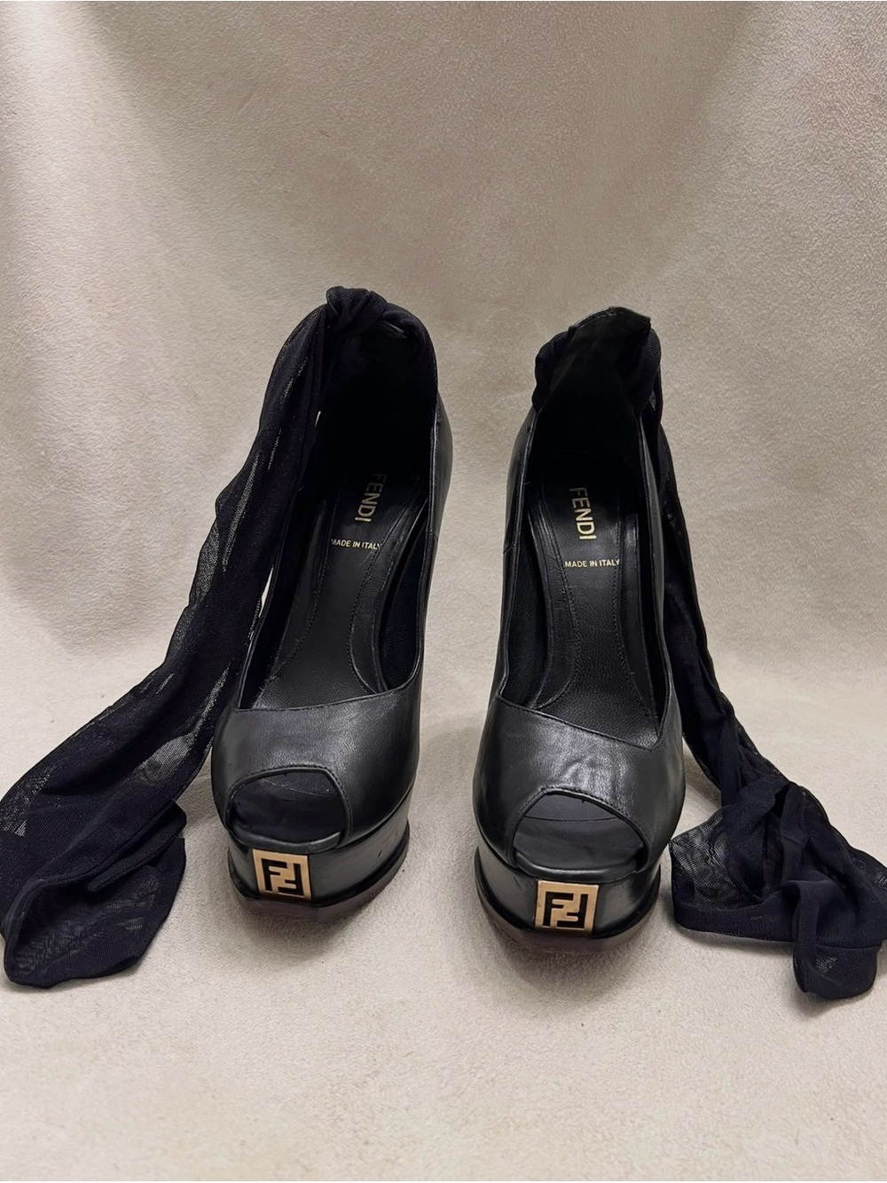 Fendi Black Leather Peep-Toe Platform Cinderella with Ankle Ribbon